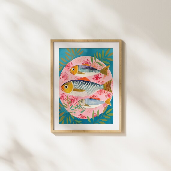 Fish Sardines Dinner Animals Pink Modern Art Plant Illustration Realistic Painting Wall Fun