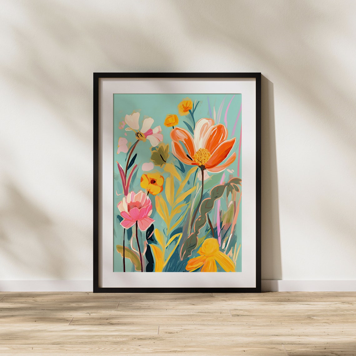 Vibrant Orange And Pink Poppy Blooms On Teal Modern Floral Art Poster - Image 2