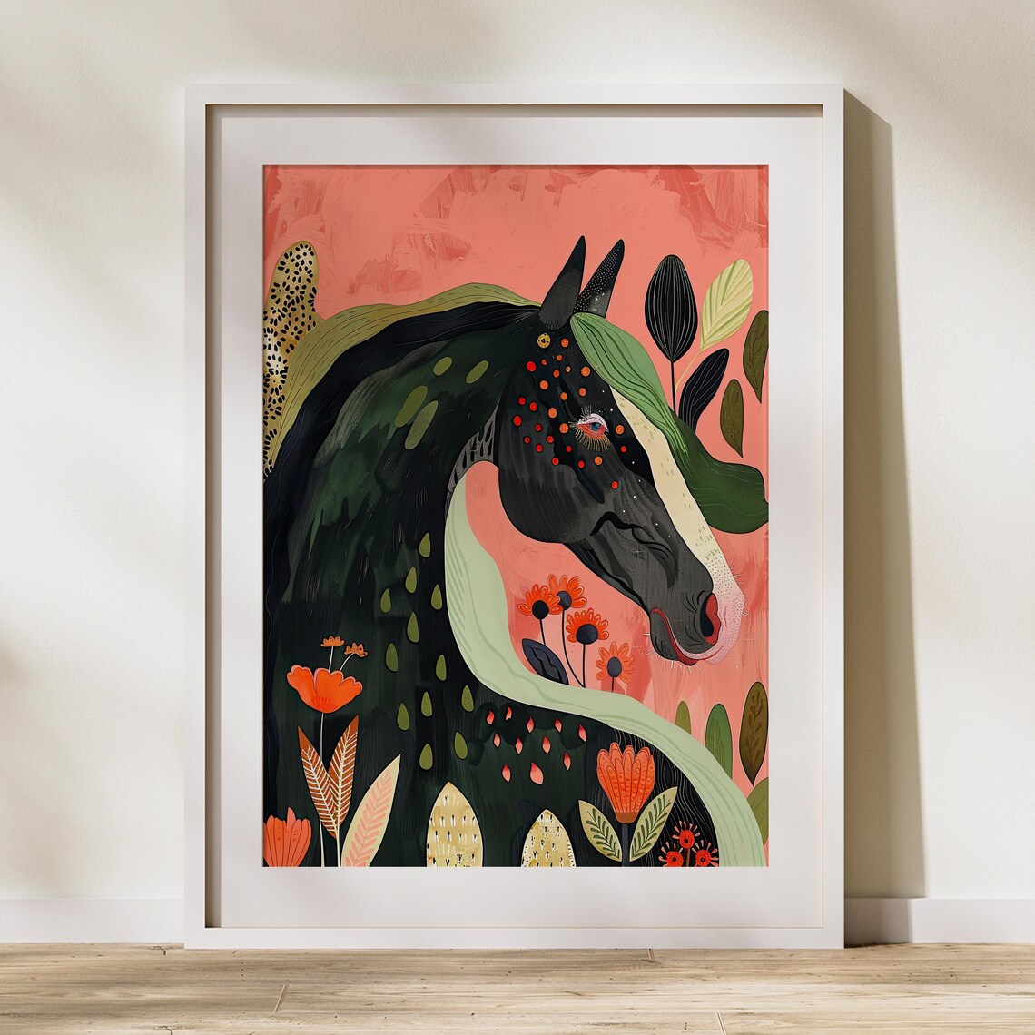 Decorated Black Horse Head With Red Flowers Folk Art Portrait Poster - Image 2