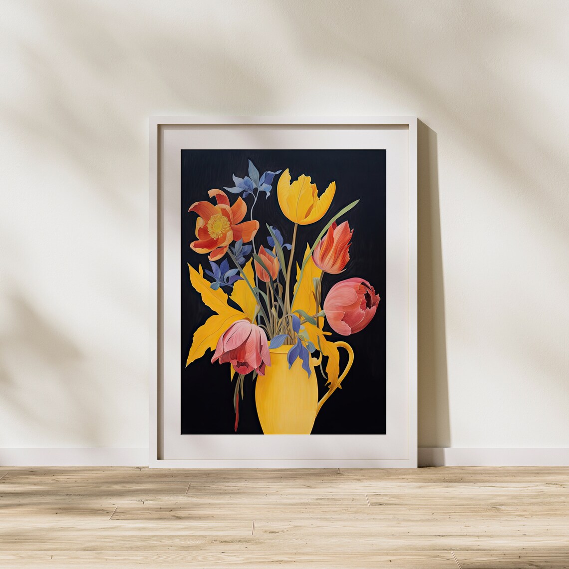 Tulips and Poppies in Yellow Vase Bold Floral Art on Black Poster - Image 2