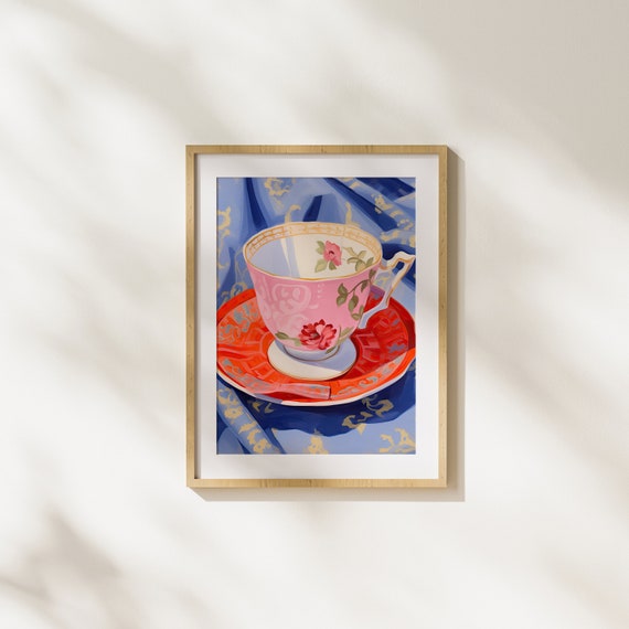 Tea Cup Of Floral Flowers Pink Colorful Modern Art Painting Illustration