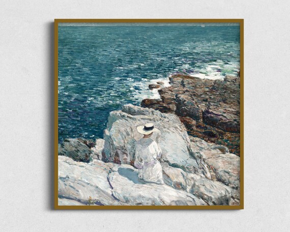 Impressionist Coastal Scene Woman White Dress Rocks Sparkling Sea Art Poster