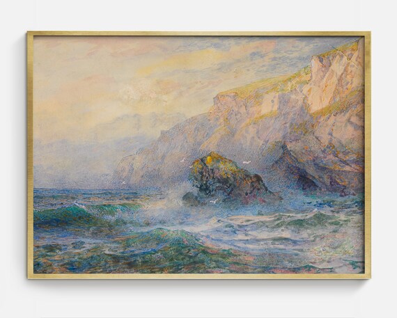 Rocky Sea Cliffs Crashing Waves Vintage Coastal Watercolor Poster