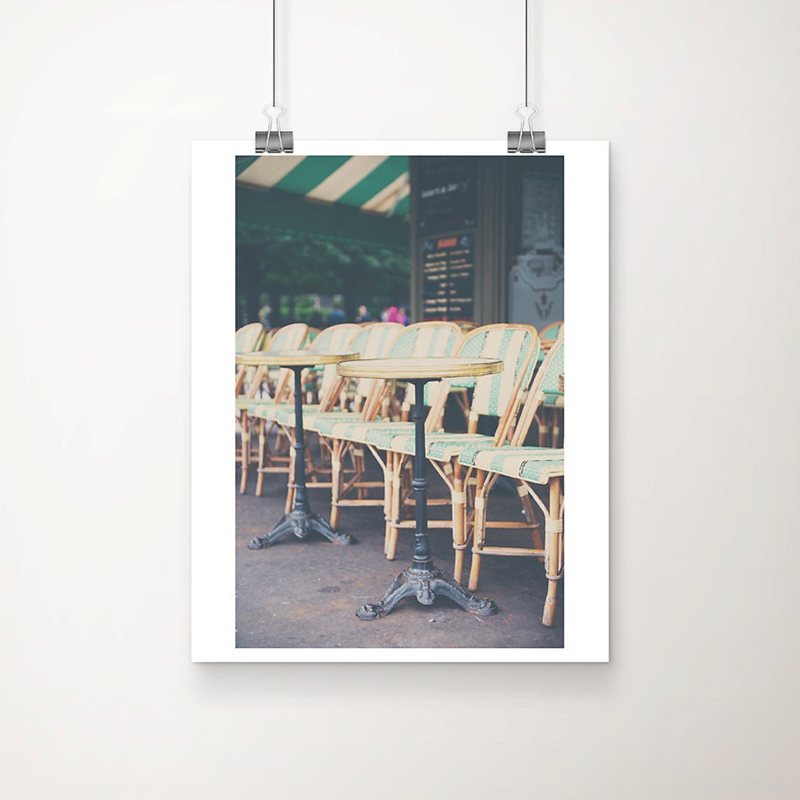 Parisian Cafe Terrace Rattan Chairs under Striped Awning Photo Poster