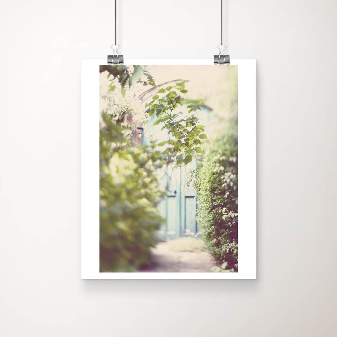 Blue Garden Door Photograph Soft Green Foliage Dreamy Nature Poster