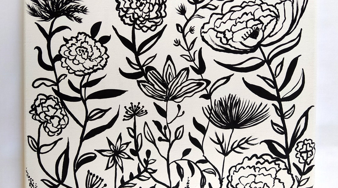Black White Floral Line Art Peony Poppy Botanical Canvas Print - Image 3