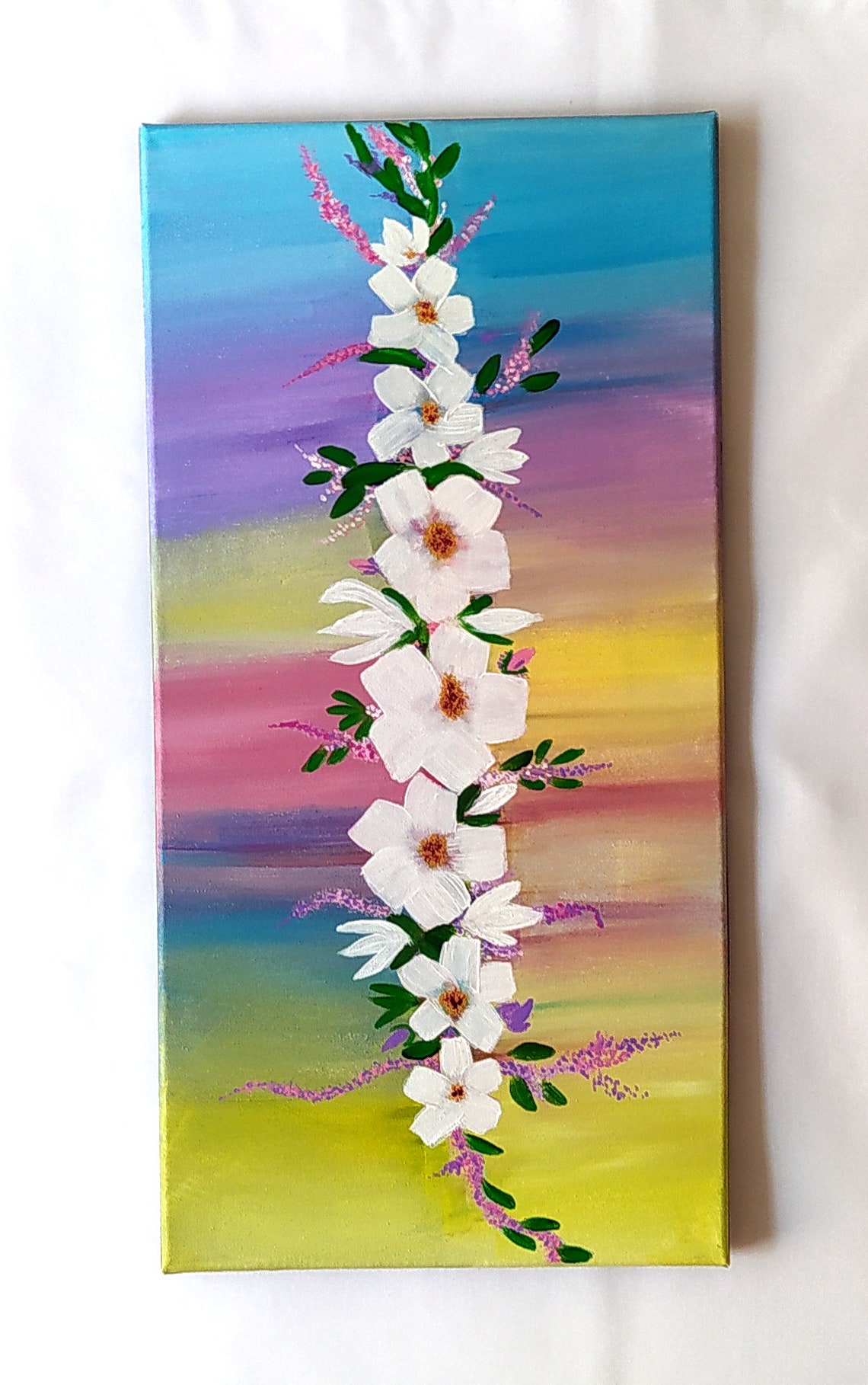 White Flowers Rainbow Gradient Background Green Leaves Floral Wall Art - Image 3