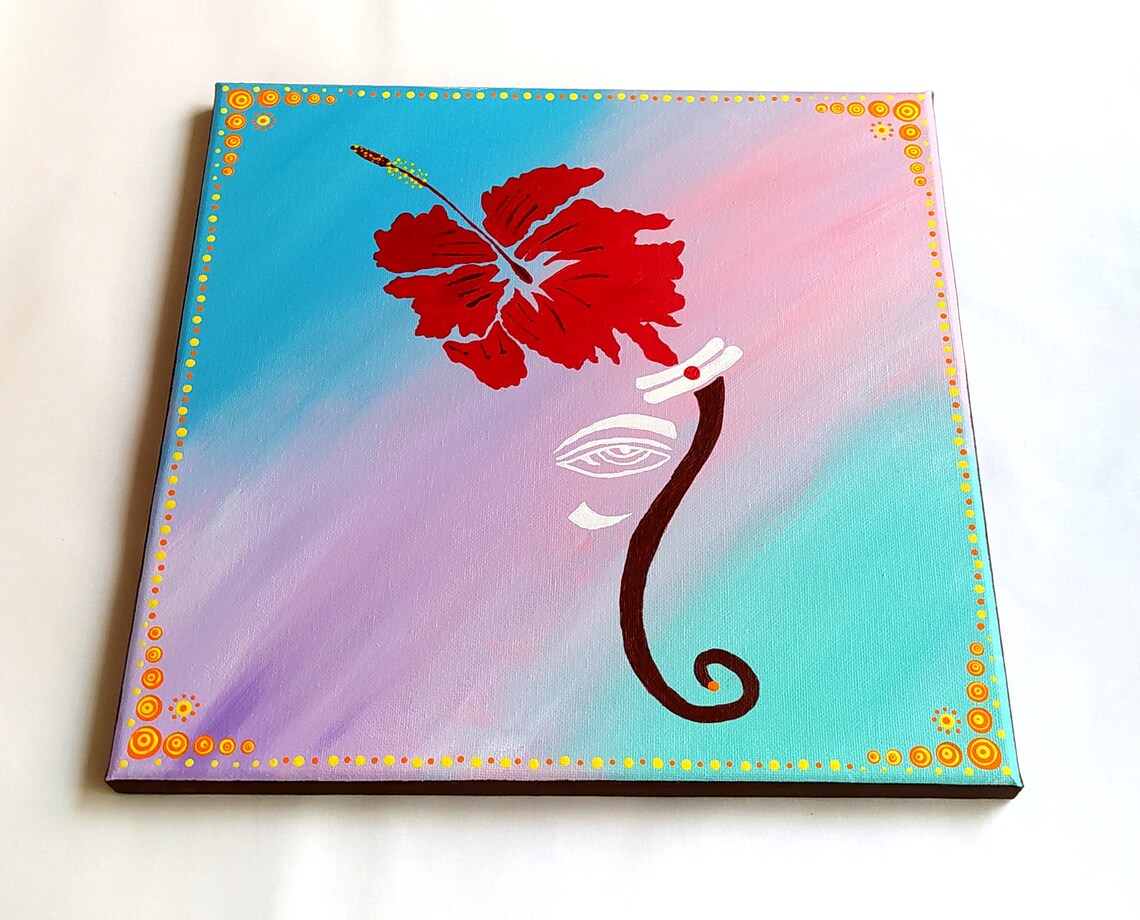 Lord Ganesha Red Hibiscus Flower Blue Pink Spiritual Painting Print - Image 2