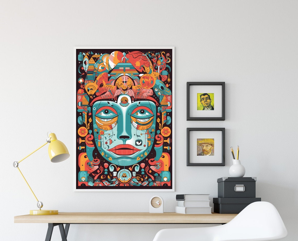 Psychedelic Ornate Face Teal Orange Surreal Visionary Poster Art - Image 4