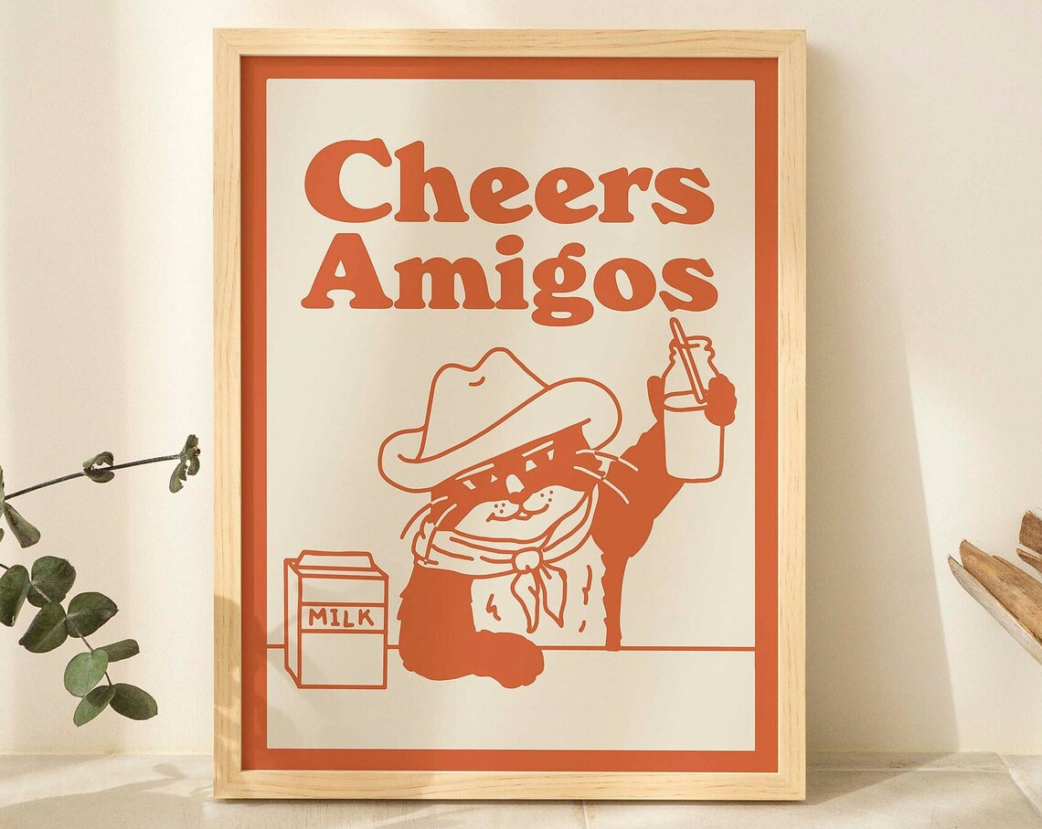 Cowboy Cat Retro Drink Poster, Kitchen Bar Decor