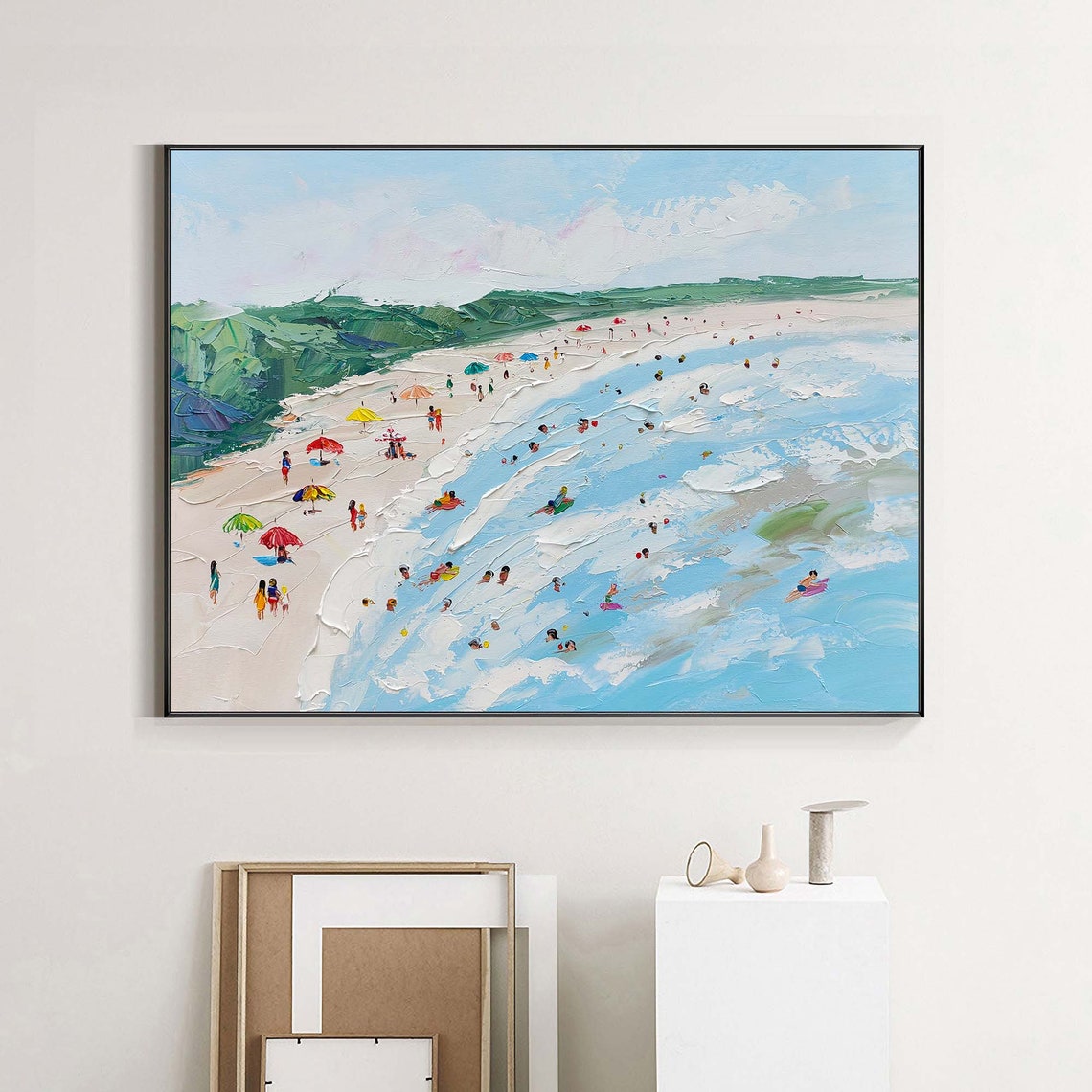 Panoramic Beach Green Dunes Umbrellas Surfers Summer Shore Art Poster - Image 3