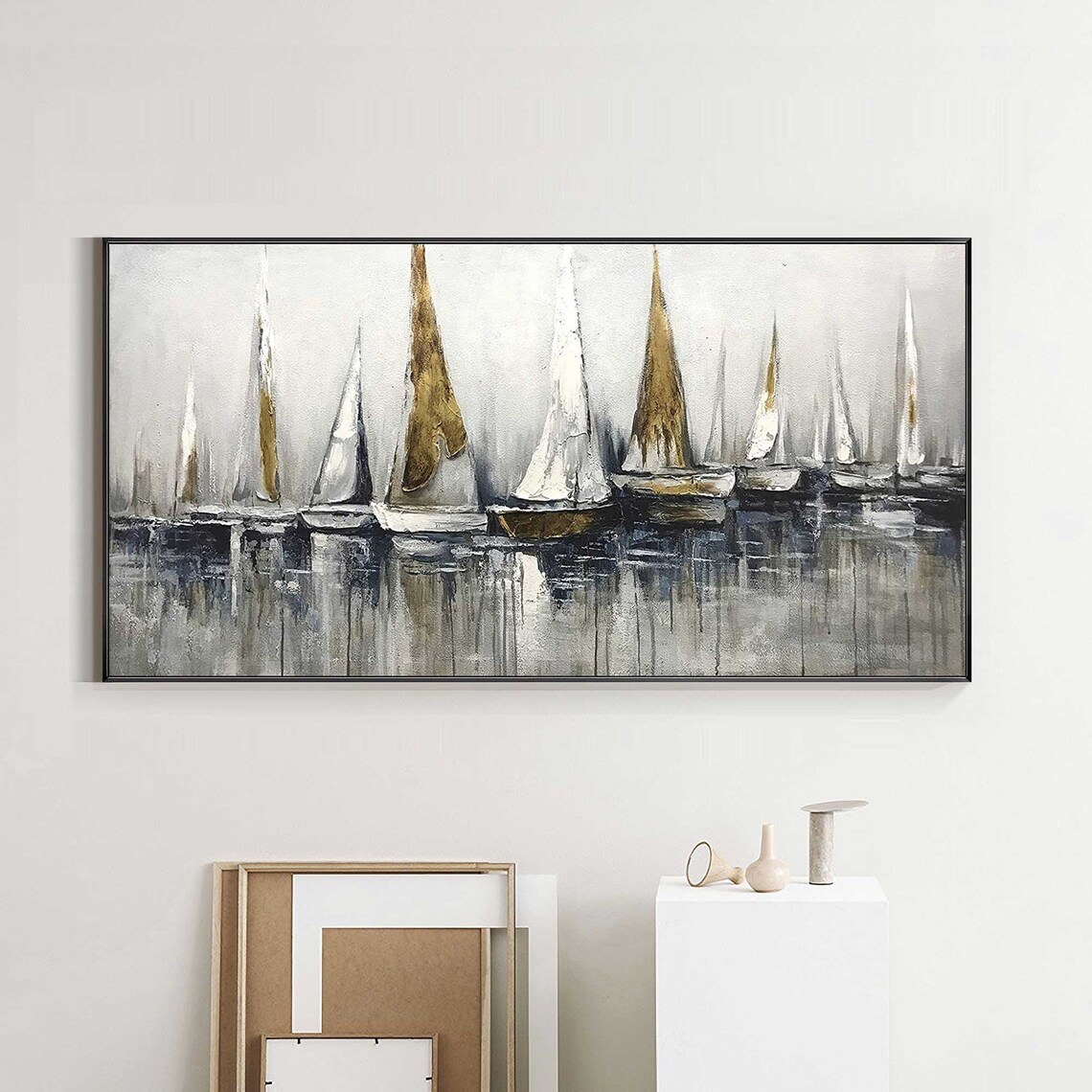 Grey Gold Sailboat Harbor Reflection Panoramic Abstract Sailing Wall Poster - Image 5