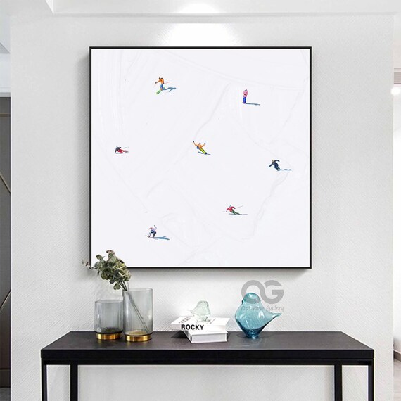 Original Painting Textured Wall Art Ski Sport Painting Custom Art White Painting Personalized Gift Skier On Snowy Mountain Art Decor