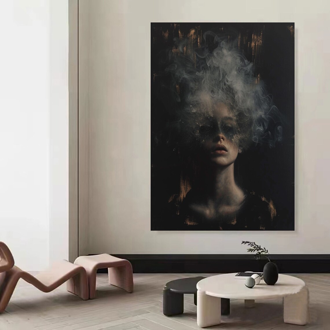 Dark Moody Woman Portrait Smoke Cloud Ethereal Black Gold Abstract Poster - Image 5