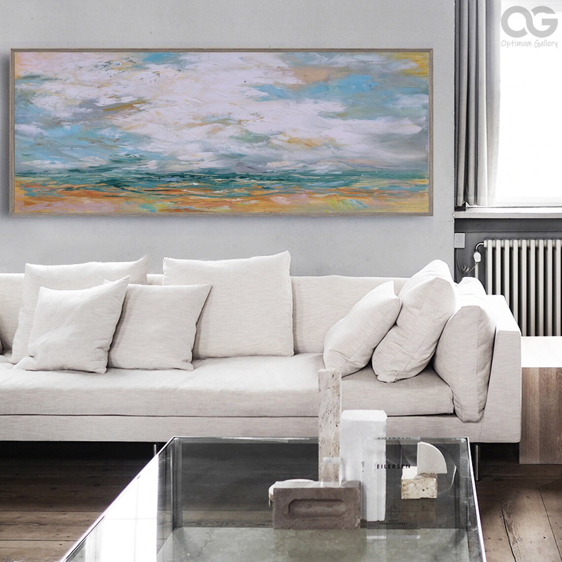 Abstract Seascape Painting Cloudy Sky Golden Sea Panoramic Beach Wall Art Poster - Image 3