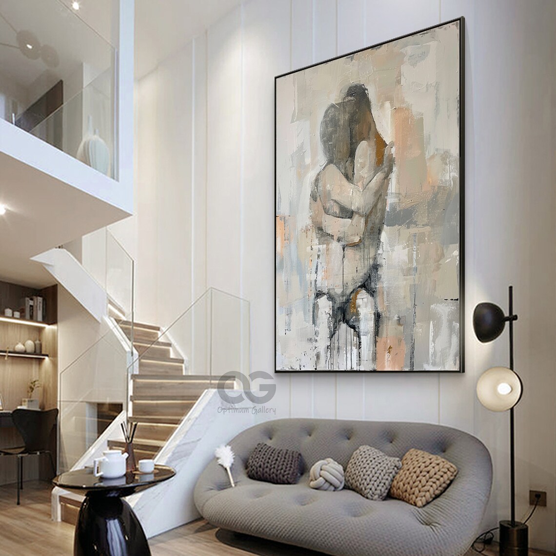 Embracing Couple Abstract Neutral Tones Romantic Figurative Love Art Print - Image 3