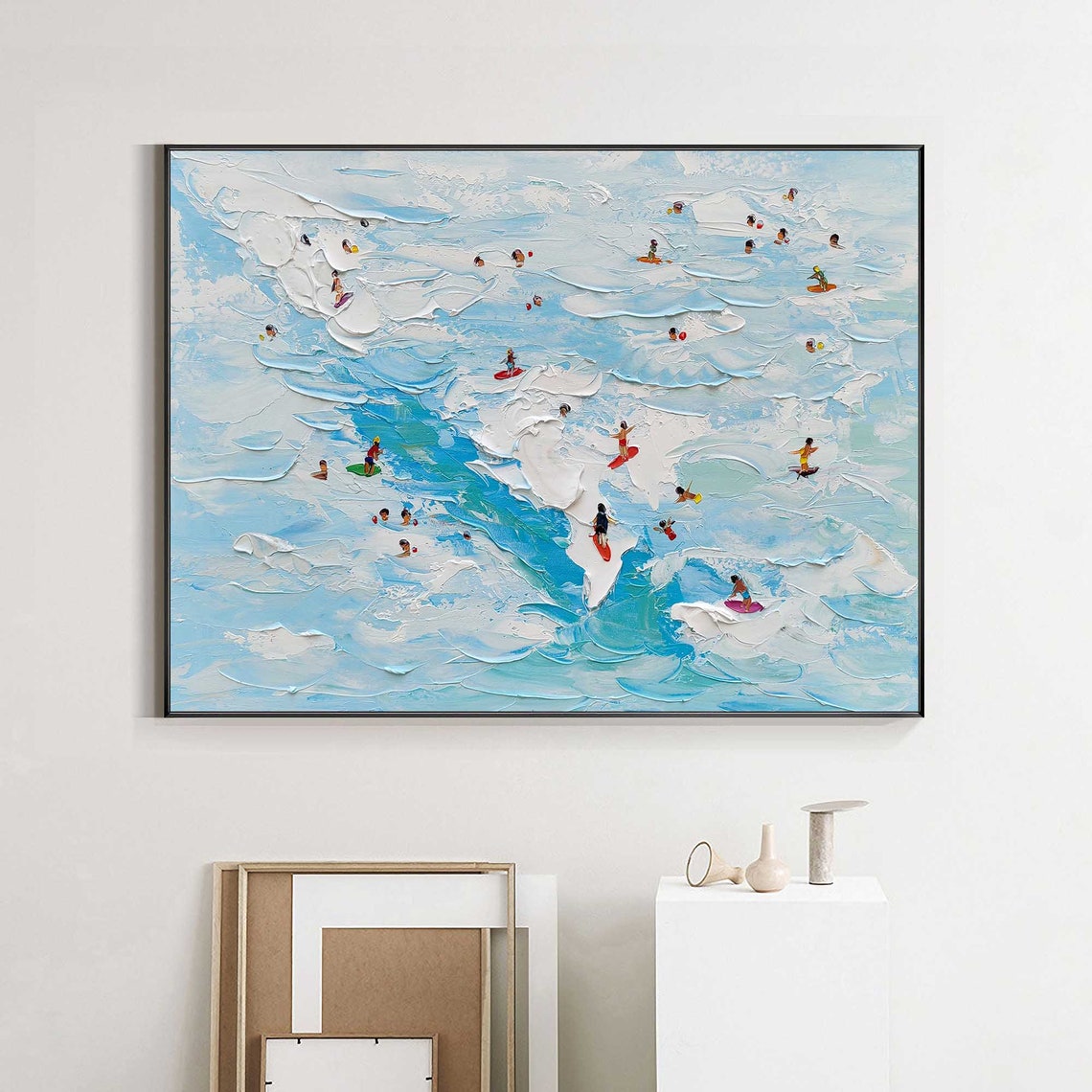 Blue Sea Tiny Swimmers Surfers Textured Waves Summer Beach Art Poster - Image 3