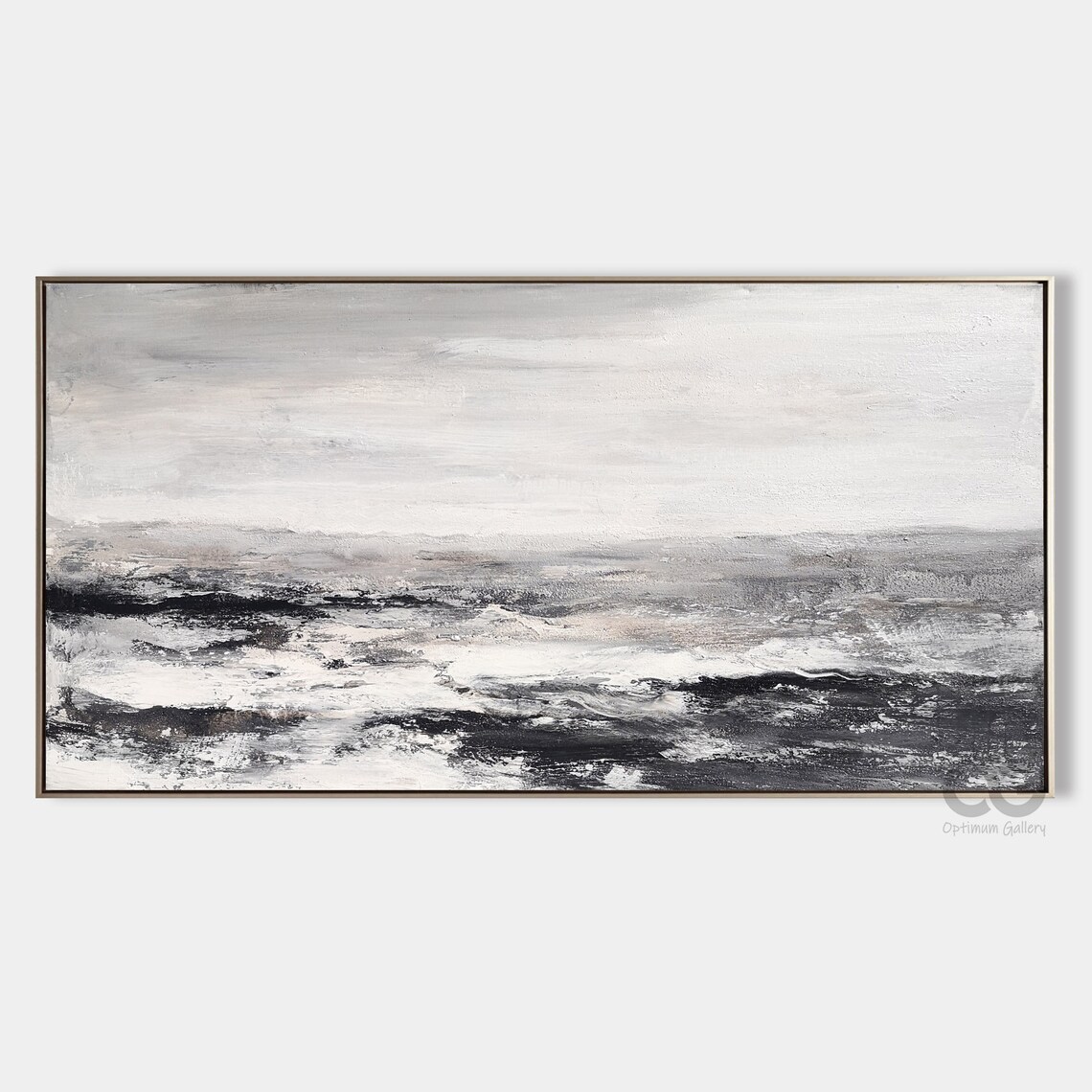 Black White Panoramic Abstract Seascape Textured Waves Monochrome Art Poster - Image 2