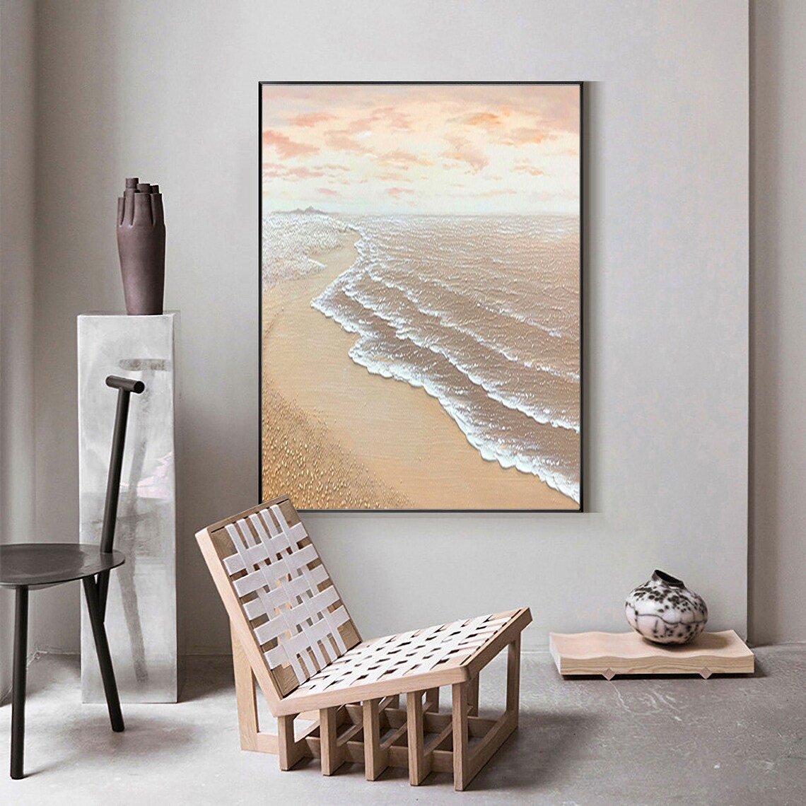 Sunrise Pink Sky White Foam Waves Golden Sand Beach Coastal Scene Poster - Image 3