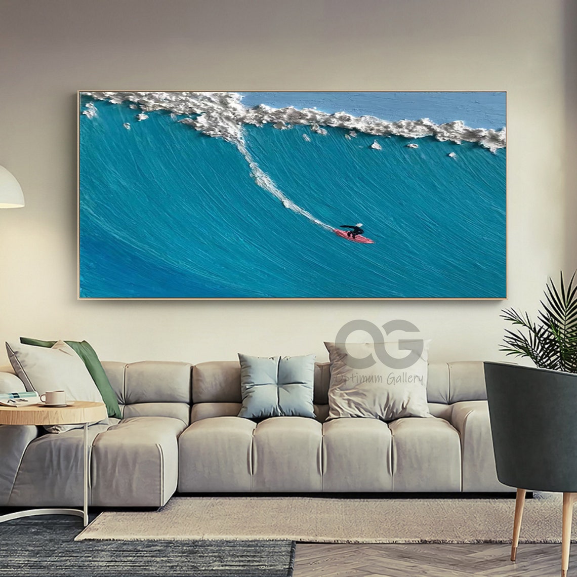 Lone Surfer Red Board Giant Turquoise Wave Blue Ocean Surfing Poster - Image 4