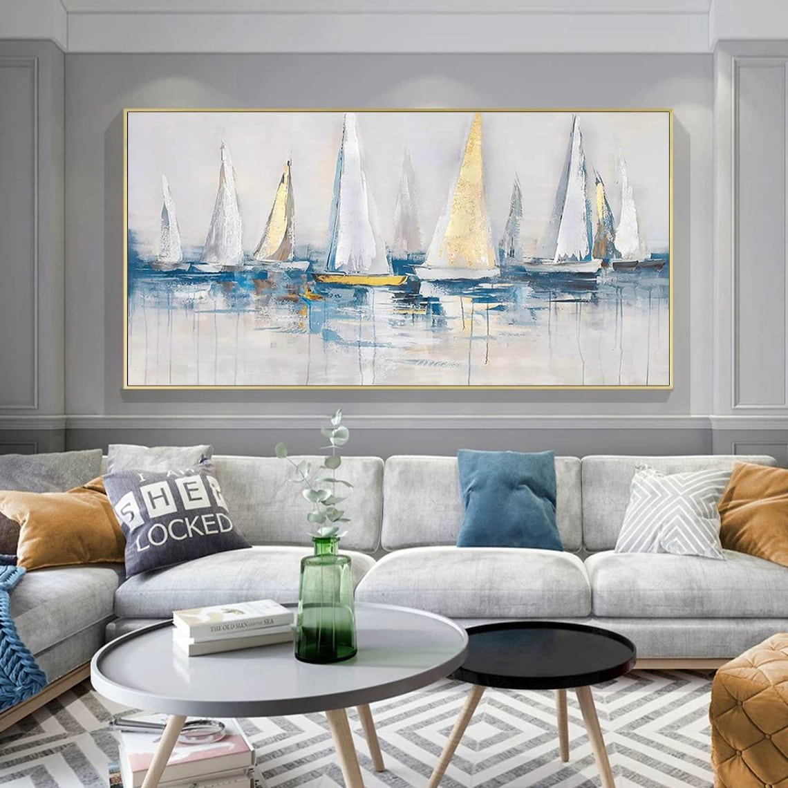 Sailboat Party Harbor Landscape, Oil Painting Art Print