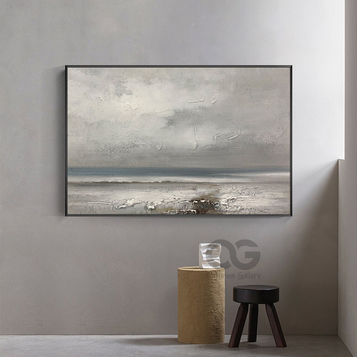 Muted Gray Abstract Beach Seascape Textured Minimalist Painting Wall Art - Image 4