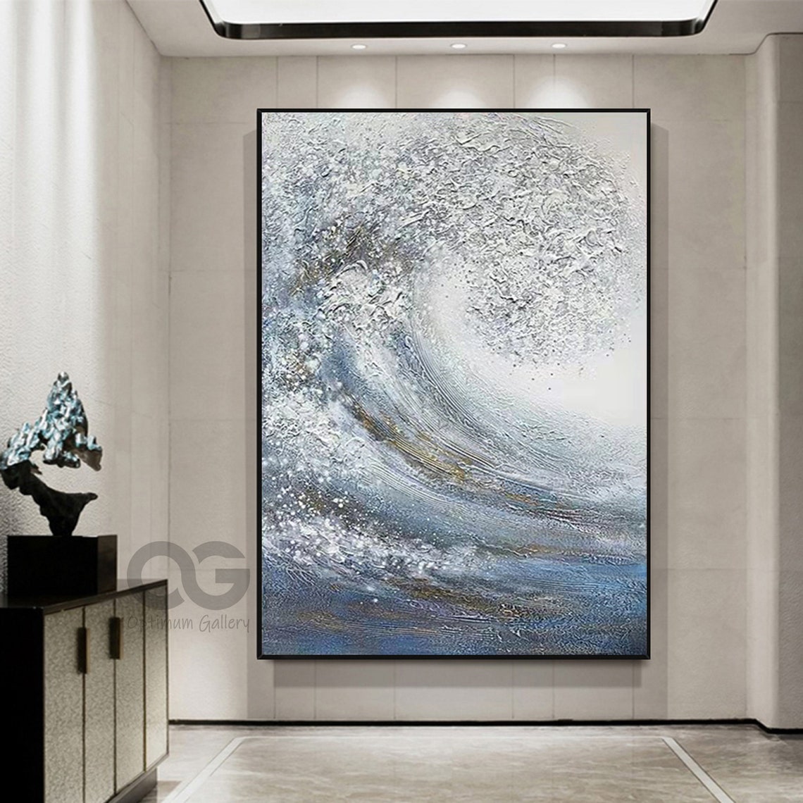 Giant Curling Blue White Ocean Wave Textured Dramatic Art Poster