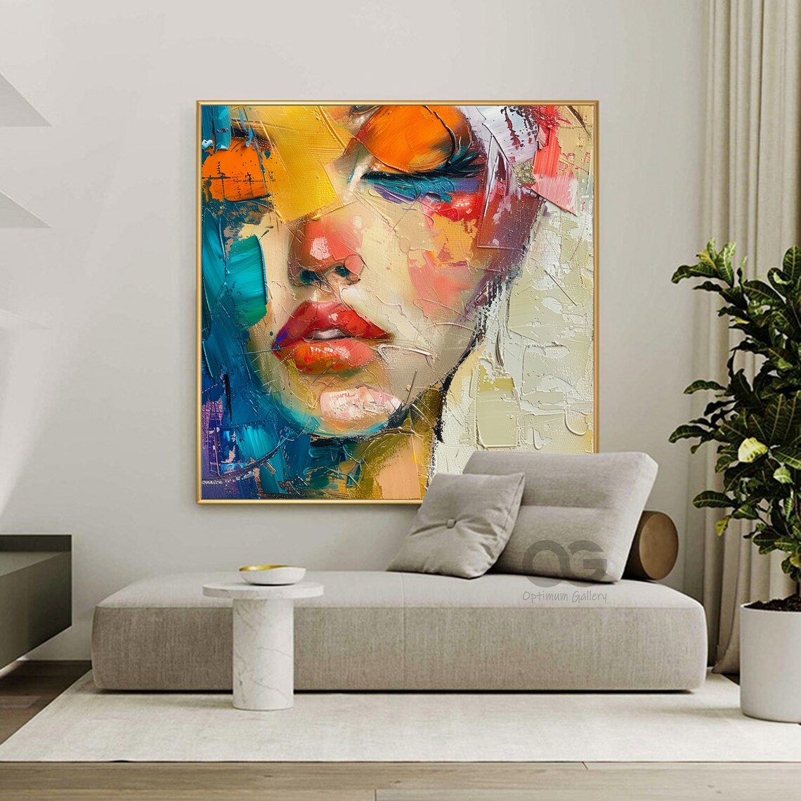 Thick Impasto Abstract Face Red Lips Colorful Textured Oil Painting Poster - Image 4