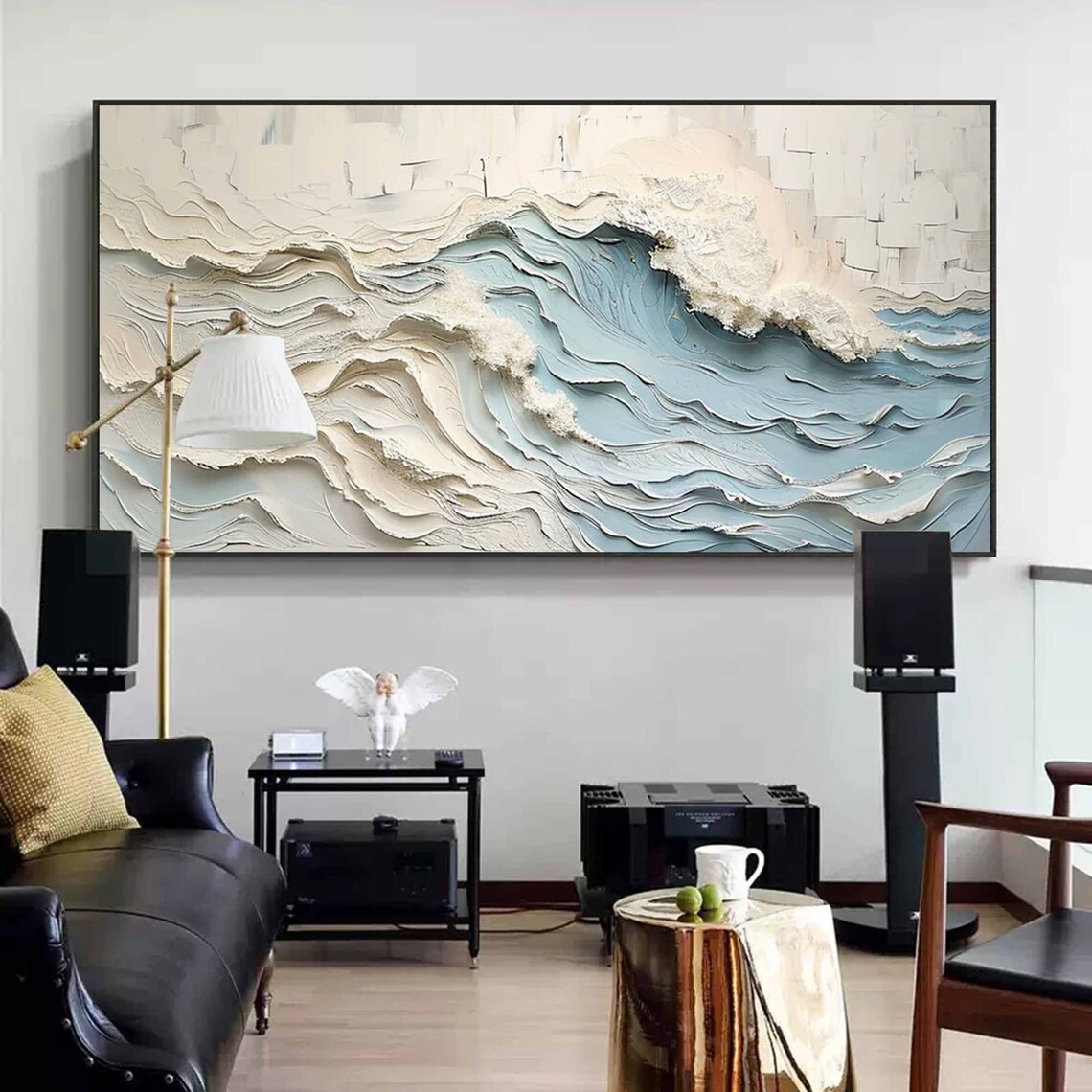 White Blue Textured Ocean Waves Abstract Painting Gold Framed Modern Wall Art - Image 5