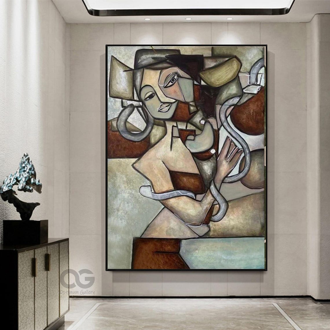 Large Abstract Lady Painting Brown And Green Woman Painting Woman Face Artwork Picasso Style Portrait Painting Figurative Art Wall Decor