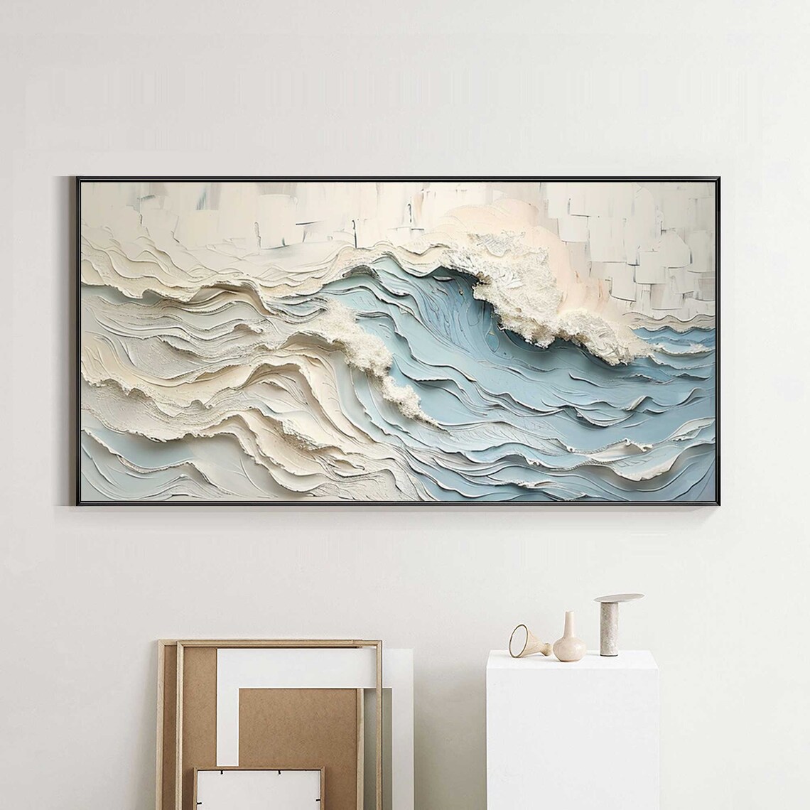 White Blue Textured Ocean Waves Abstract Painting Gold Framed Modern Wall Art - Image 3