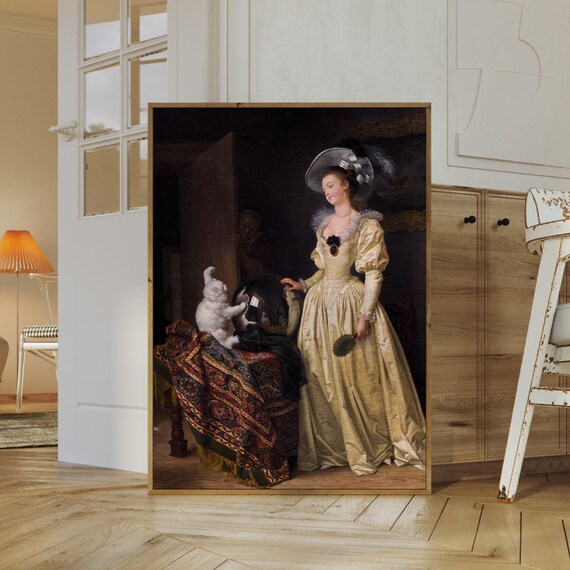 Antique Rococo Interior Woman With Cat Classic Oil Painting Poster