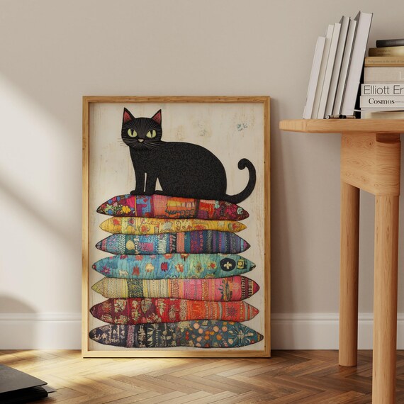 Black Cat Sitting On Tall Stack Of Colorful Fish Pillows Poster