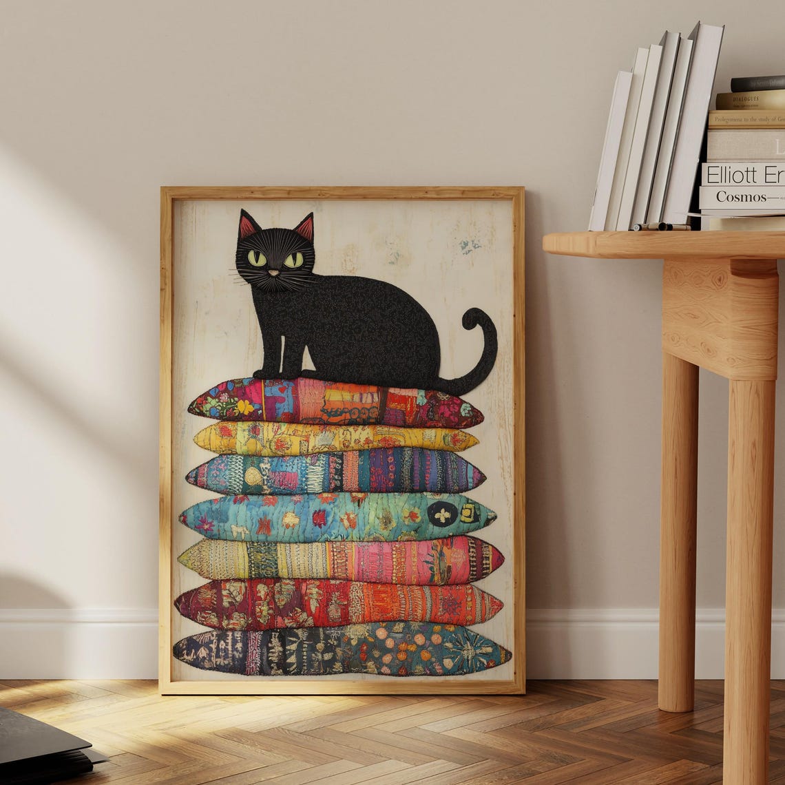 Black Cat Sitting On Tall Stack Of Colorful Fish Pillows Poster