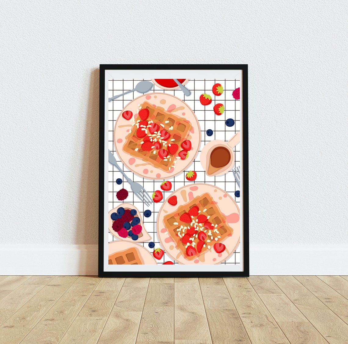 Waffles with Strawberries Breakfast Art Print on Gingham Background - Image 5