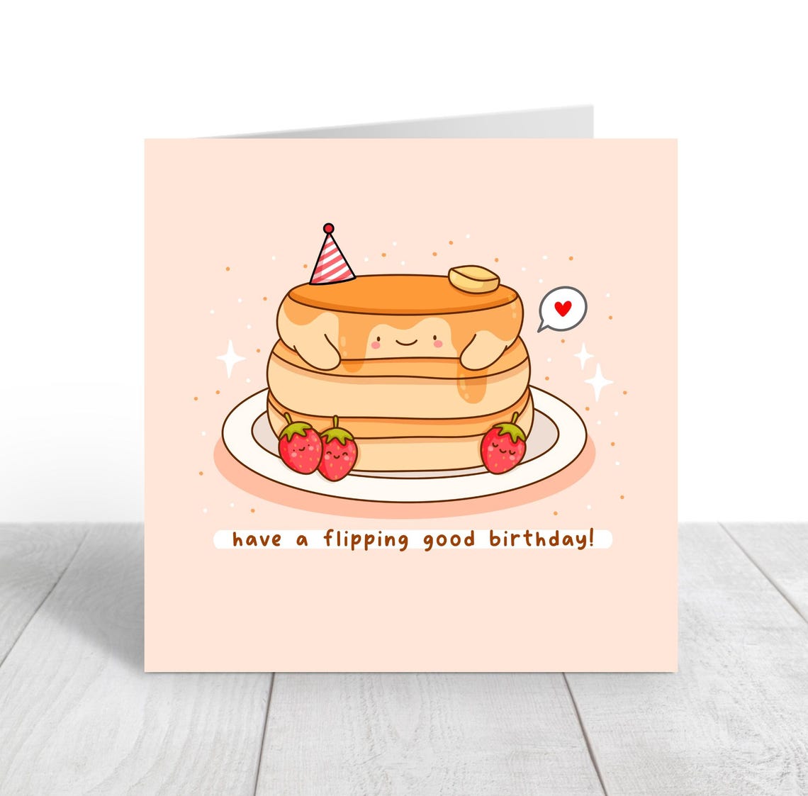 Cute Pancake Stack With Party Hat Flipping Birthday Card Print - Image 2