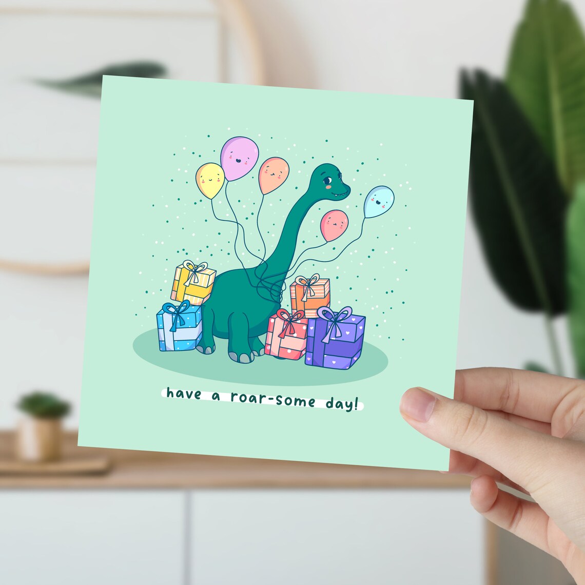 Cute Kawaii Dinosaur Holding Balloons Roar Some Day Art Print - Image 5