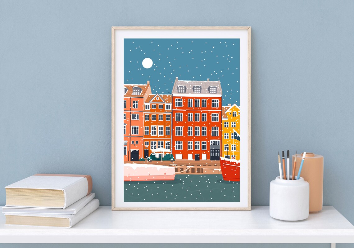 Copenhagen Nyhavn Denmark Snowy Winter Night Harbour Art Print - Image 3