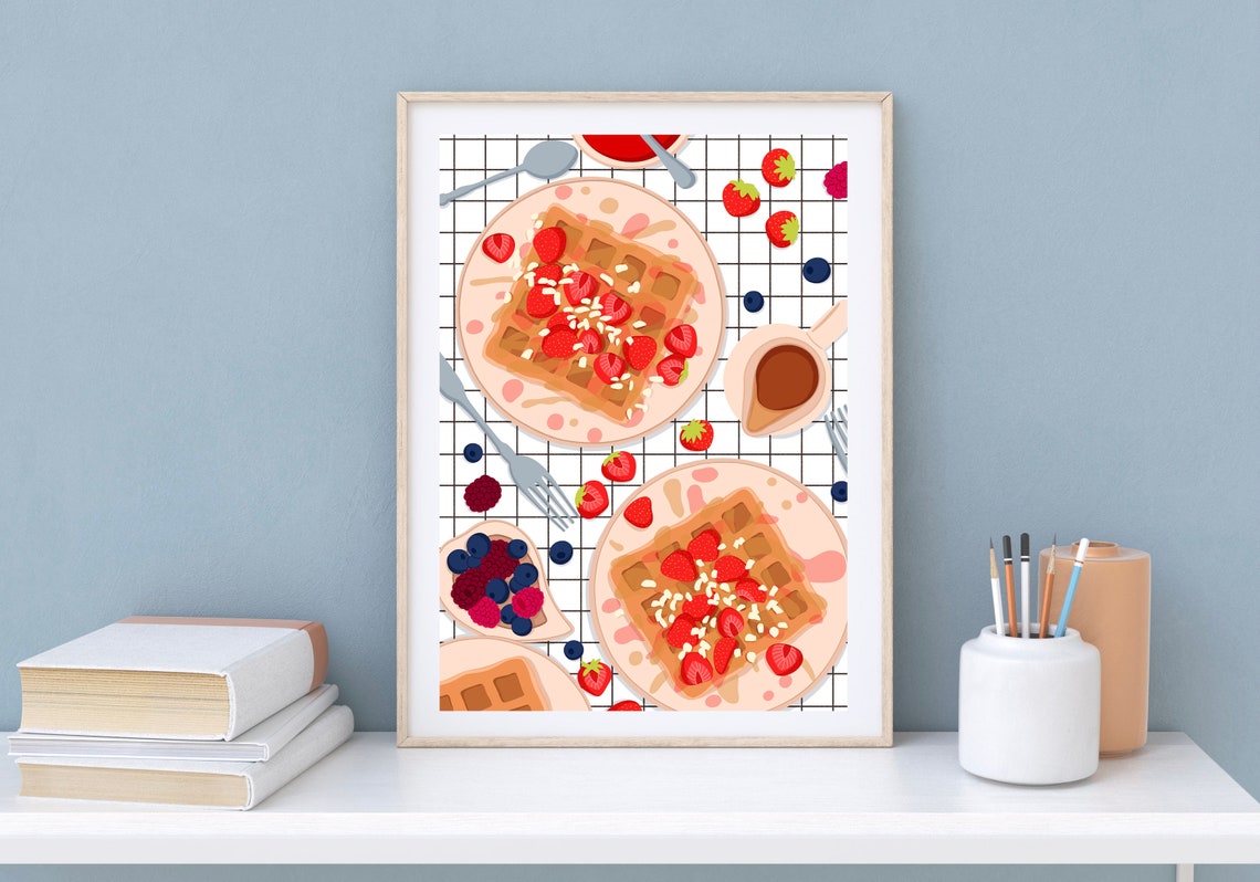 Waffles with Strawberries Breakfast Art Print on Gingham Background - Image 2
