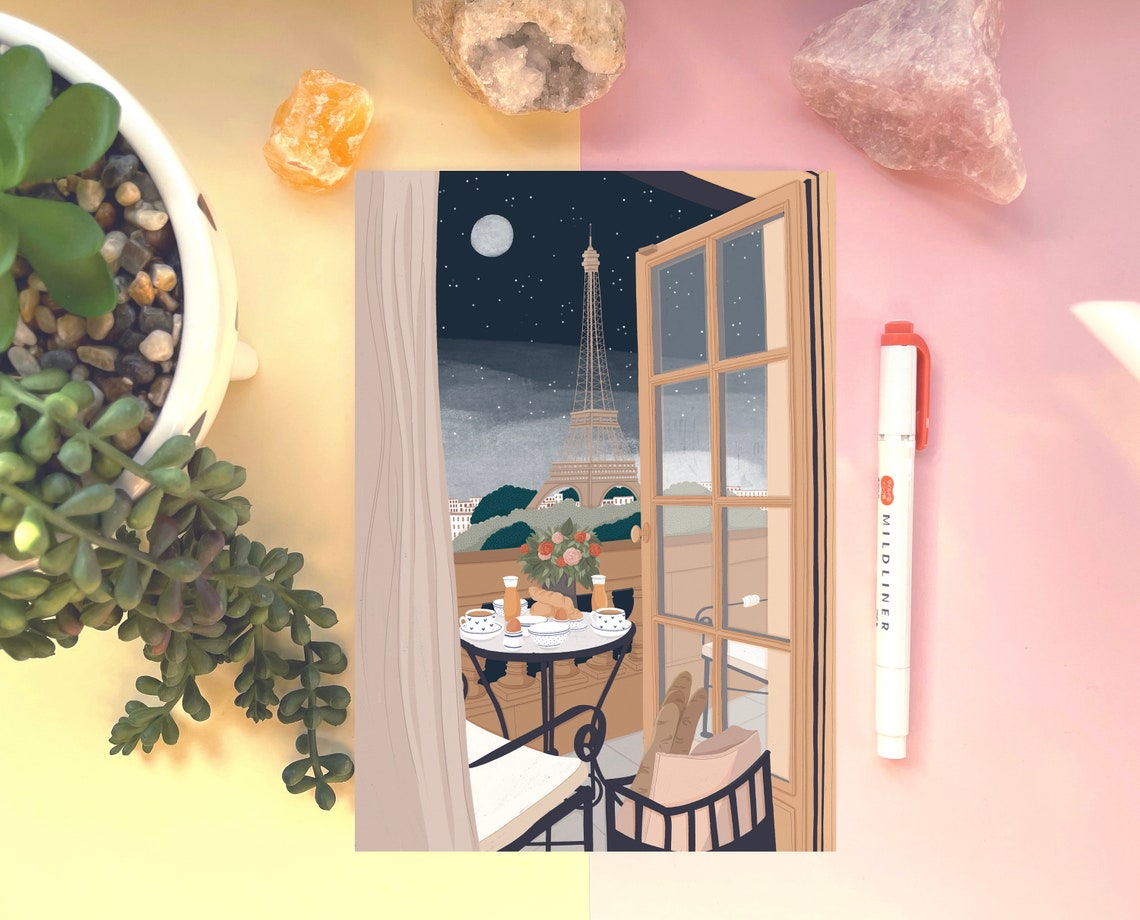 Paris Balcony Eiffel Tower Night Moonlit Breakfast Art Print - Image 2