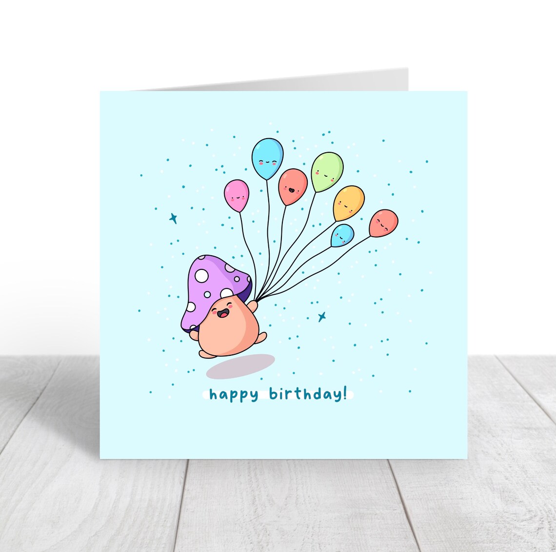 Cute Kawaii Mushroom Holding Balloons Happy Birthday Art Print - Image 4