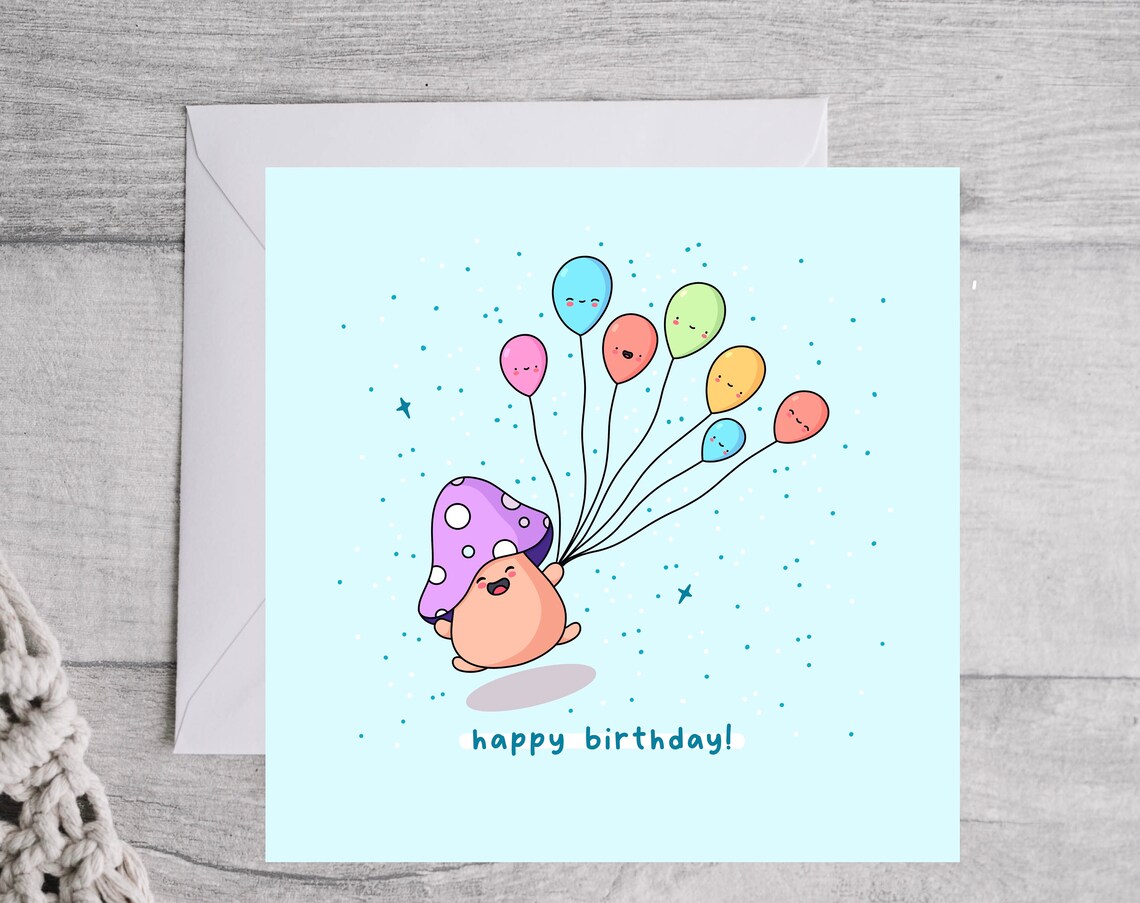 Cute Kawaii Mushroom Holding Balloons Happy Birthday Art Print - Image 3
