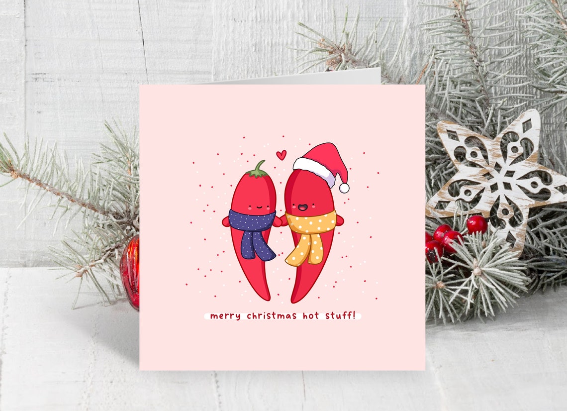 Merry Christmas Hot Stuff Kawaii Chili Pepper Couple Greeting Poster - Image 4