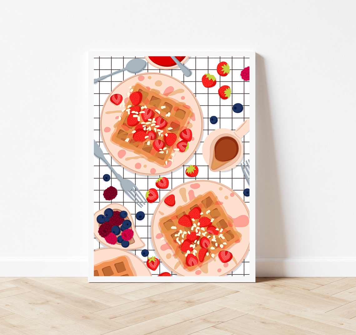 Waffles with Strawberries Breakfast Art Print on Gingham Background - Image 4