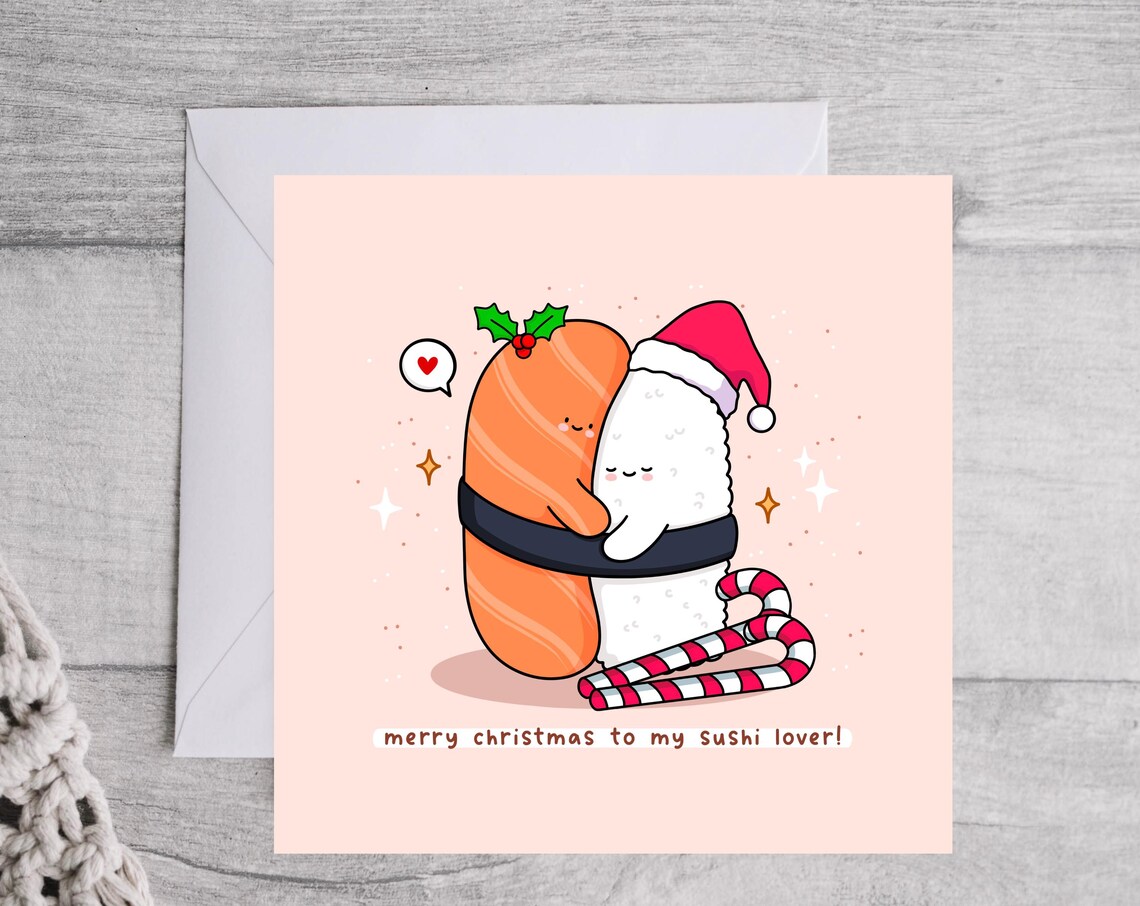 Kawaii Merry Christmas Sushi Lover Hugging Nigiri Pun Art Print - Image 4