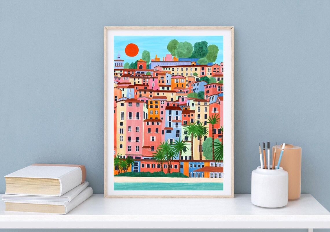 Menton French Riviera Colorful Coastal Town Travel Art Poster - Image 3