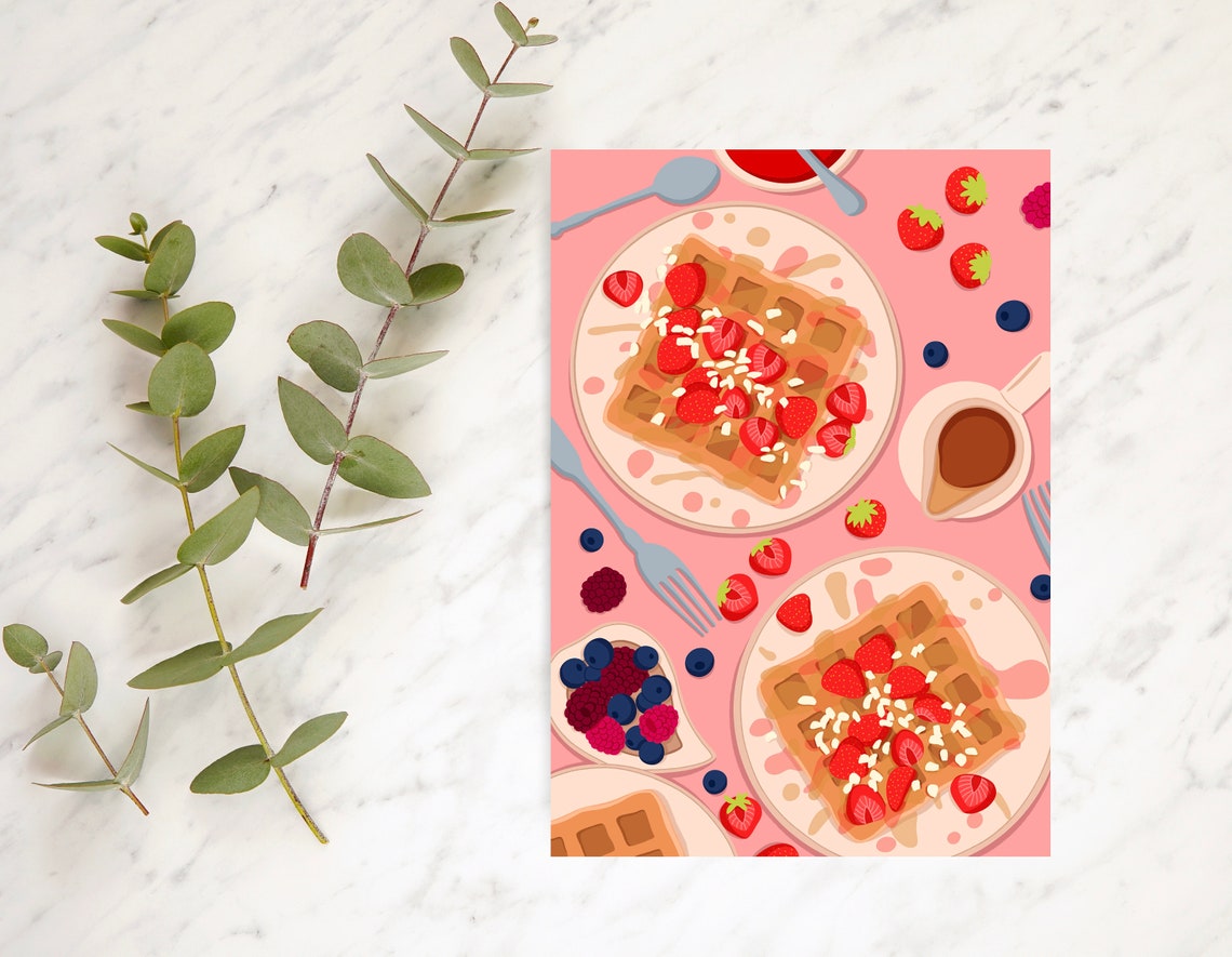 Waffles with Strawberries Breakfast Art Print on Pink Background - Image 2