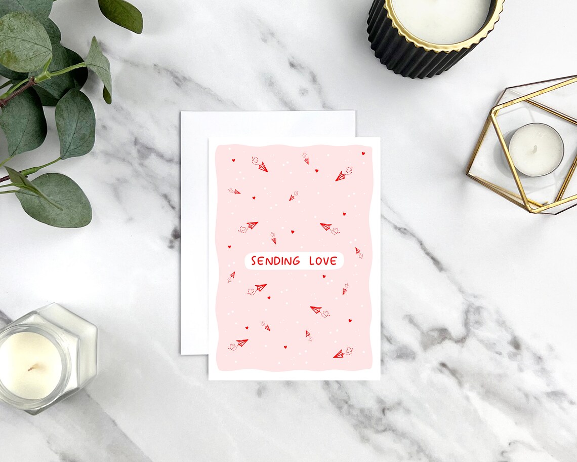 Sending Love Red Paper Planes Heart Pattern Love Card Poster - Image 3
