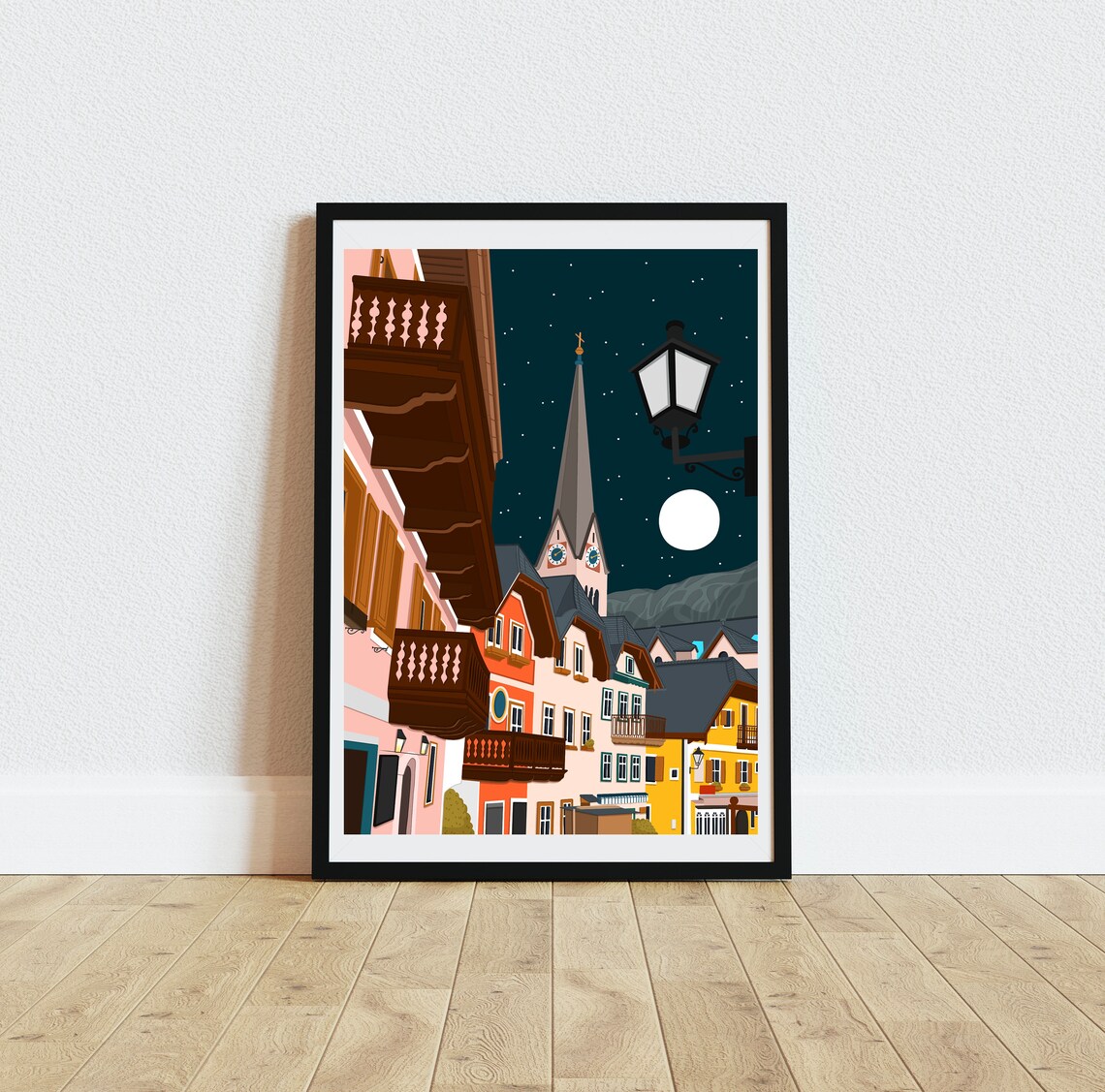 Hallstatt Austria Night Church Street Moonlit View Art Print - Image 4