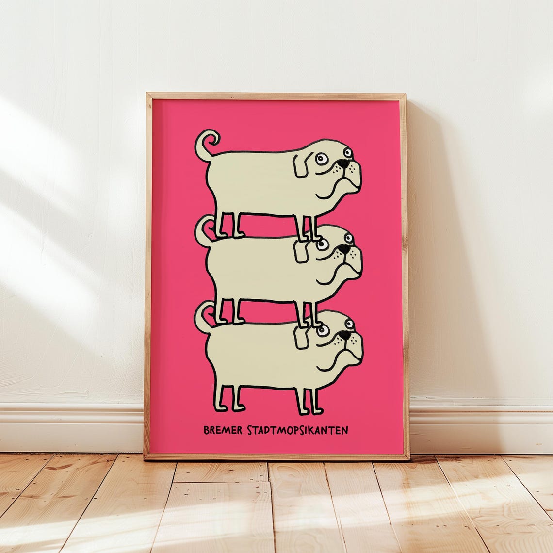 Funny Pugs Art Print Pink Whimsical Dog Illustration